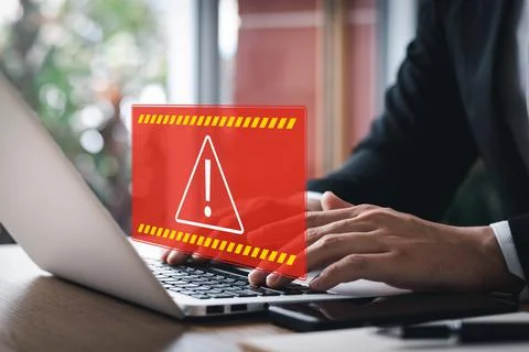 Protection against personal data hacking, exclamation mark Computer virus det Foto stock