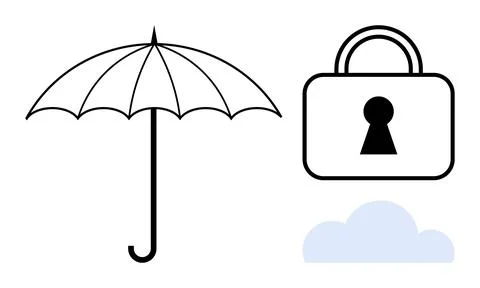 Protection and Security Objects Umbrella, Lock, and Cloud Representing Safe.. Illustrazione stock