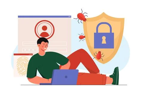 Protection from computer virus. Man with antivirus at laptop. Safety of personal イラスト素材
