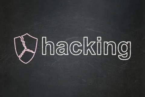 Protection concept: Broken Shield and Hacking on chalkboard background 스톡 일러스트