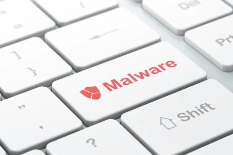 Protection concept: Broken Shield and Malware on computer keyboard background Illustrazione stock