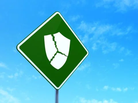 Protection concept: Broken Shield on road sign background Illustrazione stock