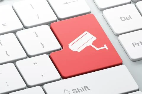 Protection concept: Cctv Camera on computer keyboard background 스톡 일러스트