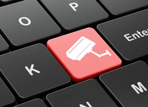 Protection concept: Cctv Camera on computer keyboard background 스톡 일러스트