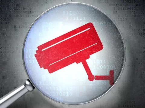 Protection concept: Cctv Camera with optical glass on digital background 스톡 일러스트