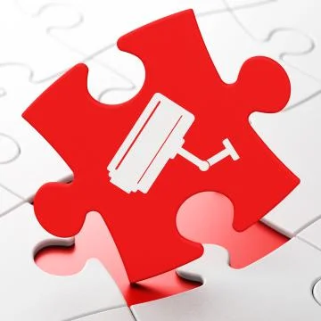 Protection concept: Cctv Camera on puzzle background Illustrazione stock