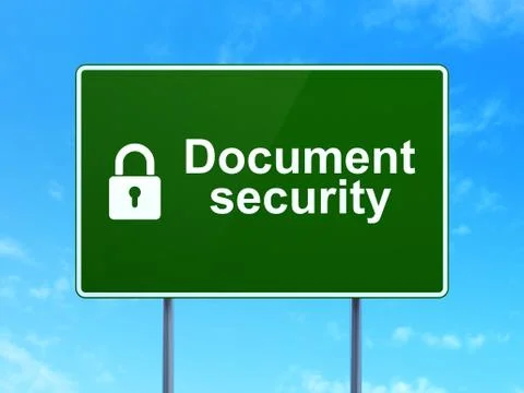 Protection concept: Document Security and Padlock on road sign Illustrazione stock