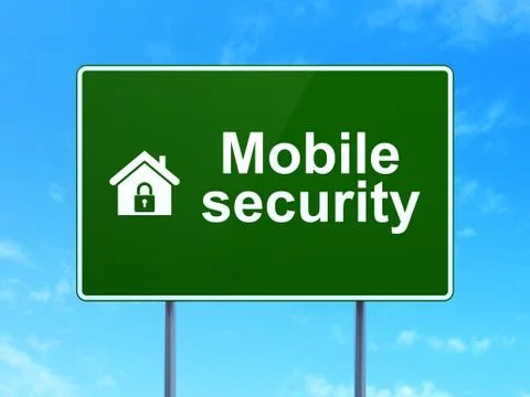 Protection concept: Mobile Security and Home on road sign Illustrazione stock