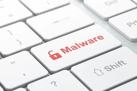 Protection concept: Opened Padlock and Malware on computer keyboard background Illustrazione stock