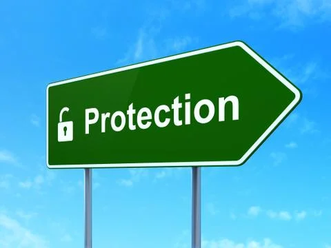 Protection concept: Protection and Opened Padlock on road sign Illustrazione stock