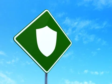 Protection concept: Shield on road sign background 스톡 일러스트