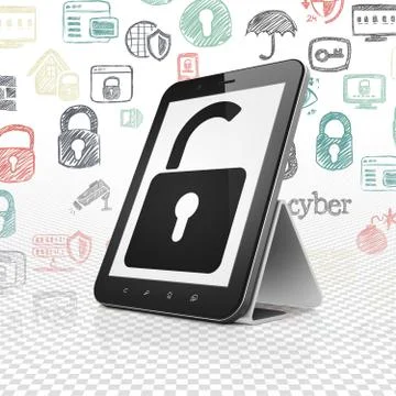 Protection concept: Tablet Computer with Opened Padlock on display Stock Illustration