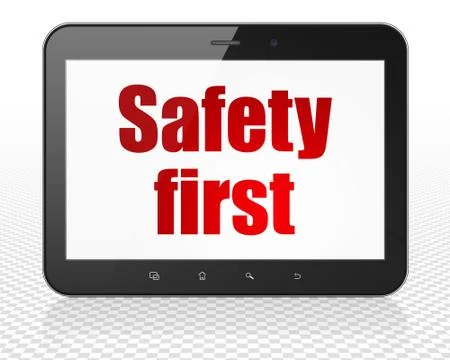 Protection concept: Tablet Pc Computer with Safety First on display Illustrazione stock
