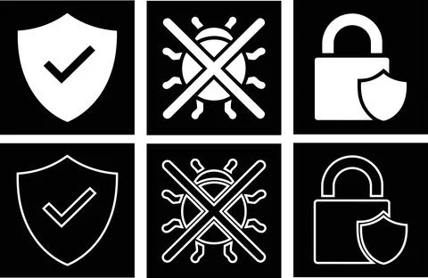 Protection Icon Set, Check Shield Bug Block and Padlock Security Symbol Whi.. Ilustración de archivo
