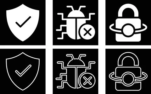 Protection Icon Set, Shield Check Antivirus Bug and Padlock Security Symbol.. Ilustración de archivo