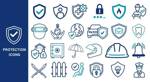 Protection Icon Set. Shield, lock, security, alarm, safe umbrella, helmet. Stock-Illustration
