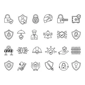 Protection Icon Set. Vector Illustrations Password, Digital, Helmet, Safe, .. Stock Illustration