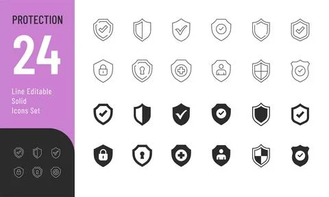 Protection Line Editable and Glyph Solid Icons set. Stock Illustration