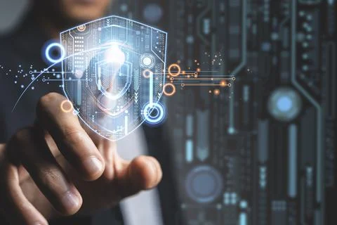 Protection network security computer and safe your data concept, Man touching Stock Photos