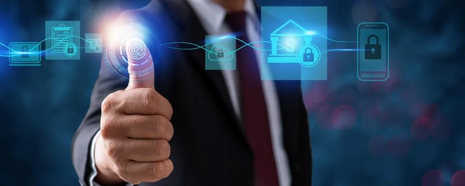 Protection network security computer fingerprint scan and safe financial st.. 스톡 사진