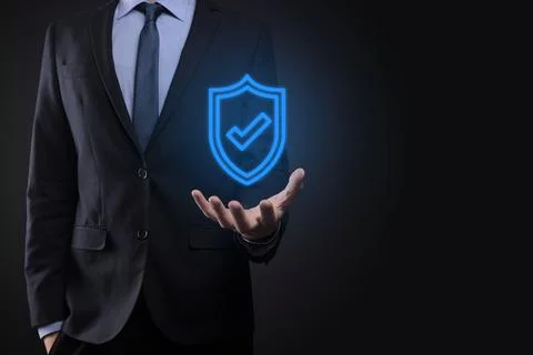 Protection network security computer in the hands of a businessman. business, Foto stock