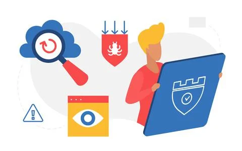 Protection of personal data safety concept, man standing next to digital Illustrazione stock