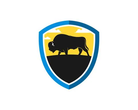 Protection shield with bison and sunset behind Stock Illustration