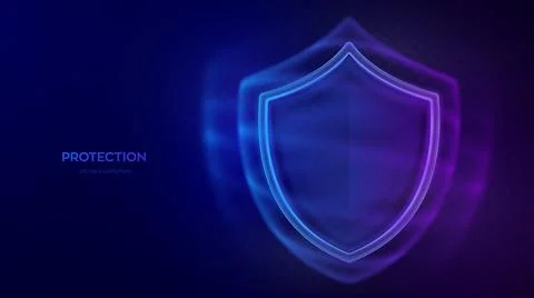 Protection shield on black background. Neon transparent glass security shield Stock Illustration