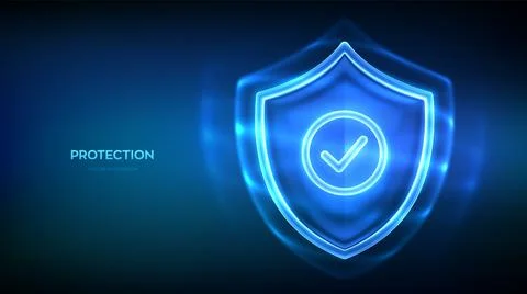 Protection shield with check mark. Transparent glass security shield. Cyber s Stock Illustration