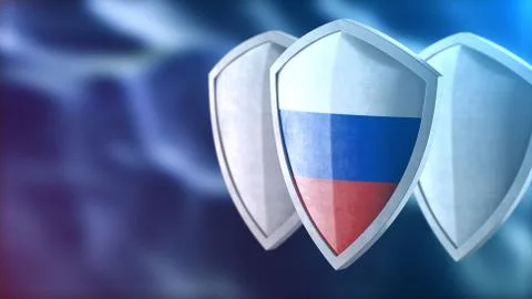 Protection shield guard concept. Shiny steel armor, Russian national flag. Stock Illustration