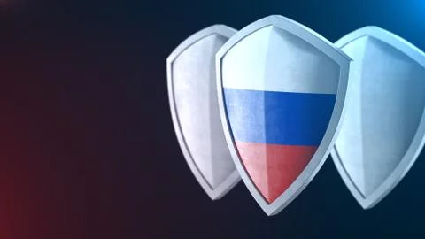 Protection shield guard concept. Shiny steel armor, Russian national flag. Stock Illustration
