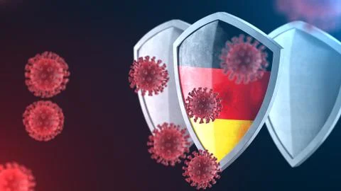 Protection shield guard concept. Shiny steel armor, German national flag. Stock Illustration