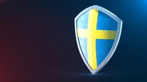 Protection shield guard concept. Shiny steel armor, Swedish national flag. Stock Illustration