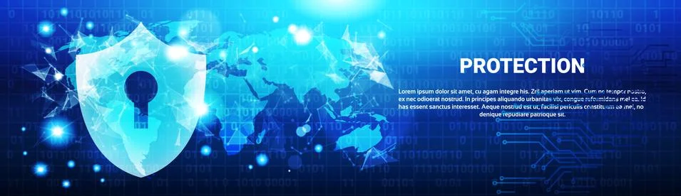 Protection Shield Over World Map Blue Circuit Background Business Concept Of Stock Illustration