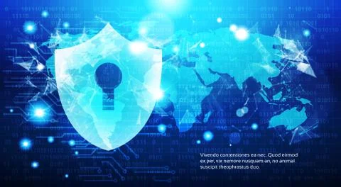 Protection Shield Over World Map Blue Circuit Background Business Concept Of Ilustração Stock
