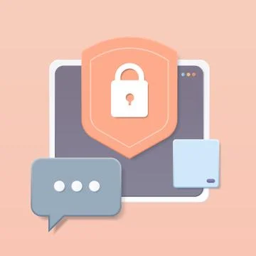 Protection shield with padlock on computer chatting app privacy security Stock Illustration