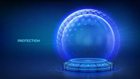 Protection sphere shield with hexagon pattern on blue background. Glass dom.. Illustrazione stock