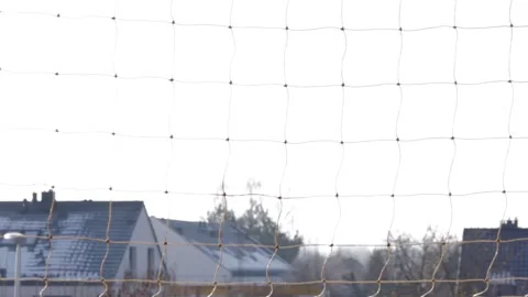 Protective cat net on balcony with snowy rooftops in winter background Stock Footage 323331629