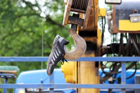 Protective cover on the hook from the lifting crane, built into the truck in the Stock Photos