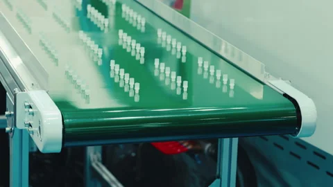 Protective Cup of Syringe Descend onto Conveyor, with Automated Equipment Stock Footage 247710910