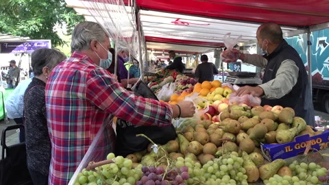 Protective face masks at vegetable shop market Paris, Covid-19 corona France Stock Footage 139691391