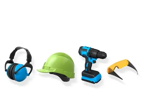 Protective gear featuring helmet, earmuffs, cordless drill and goggles isolat Stock Illustration