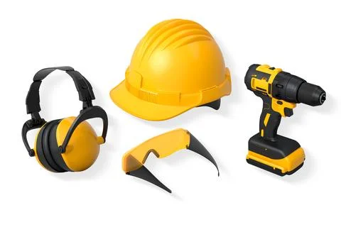 Protective gear featuring helmet, earmuffs, and goggles isolated on white b.. Stock Illustration