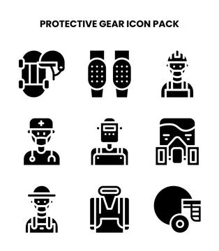 Protective Gear Glyph Set Icons Pack Stock Illustration