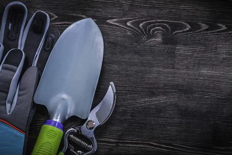 Protective gloves Sharp secateurs Hand spade on wooden board Stock Photos