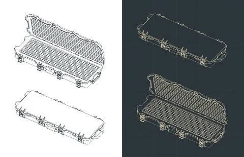 Protective hard rifle case open and closed positions isometric blueprints Stock Illustration