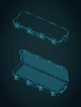 Protective hard rifle case open and closed positions isometric blueprints i.. Stock Illustration