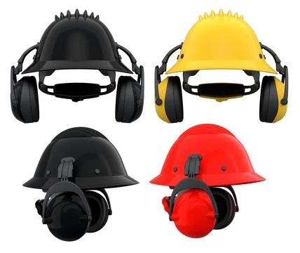 Protective helmets with attached earmuffs isolated on white background with.. Stock Illustration