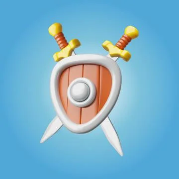 Protective medieval knight shield with two swords 3D cartoon plastic style Illustration