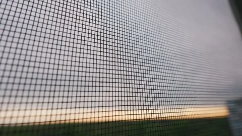 Protective Mosquito Mesh Screen on Window During Sunset with Blurred View Stockbeeldmateriaal 334735836